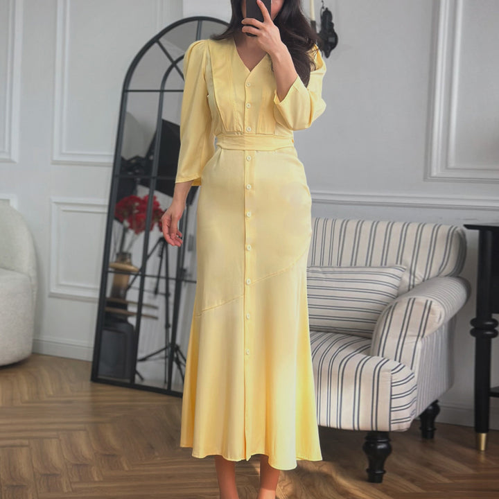 Damen Maxi-Kleid mit Knopfleiste und eleganten Puffärmeln Drune