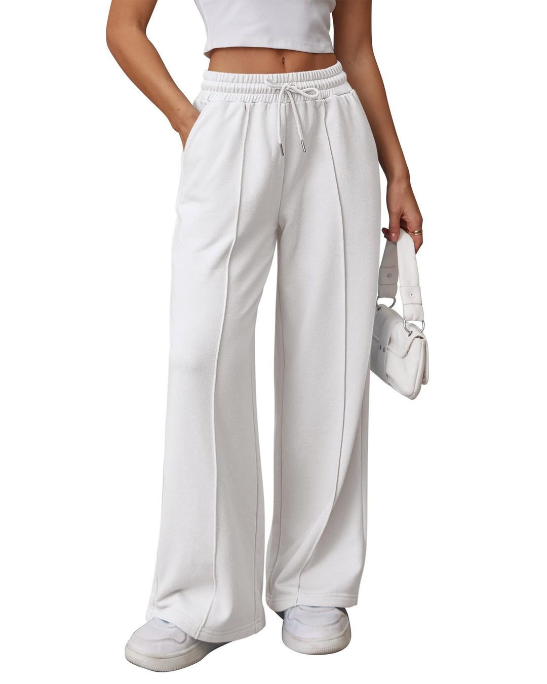 Damen nan High-Waist Relax-Freizeithose mit doppeltem Rippbund, sichtbarer Bügelfalte und weitem Bein Drune