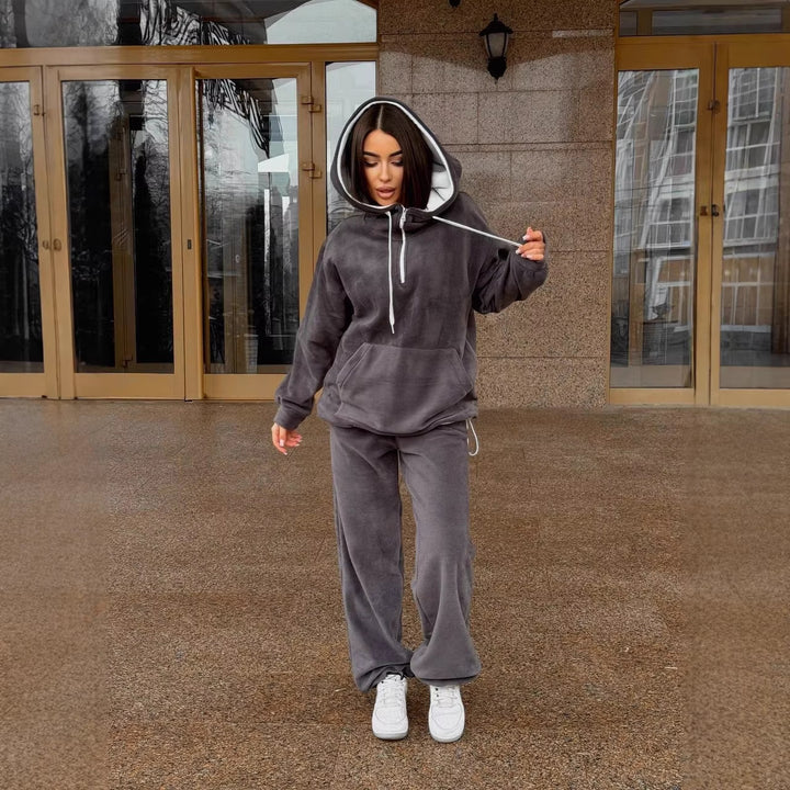 Damen kuscheliger Fleece-Jogginganzug mit hohem Kragen undKordelzug Drune