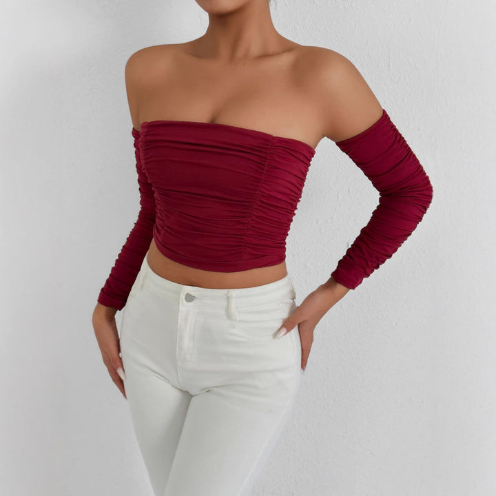 Damen Off-Shoulder Crop Top mit Faltenwurf Drune
