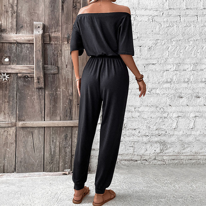 Damen lässiger Jumpsuit mit schulterfreiem Design und verstellbarem Taillenzug Drune