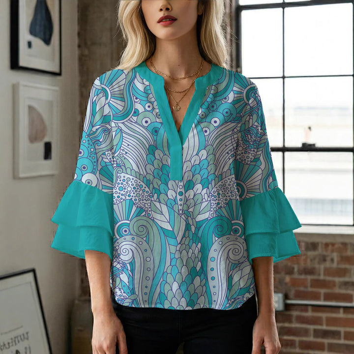 Damen Bluse mit voluminösen Rüschenärmeln und kreativem Floraldesign Drune