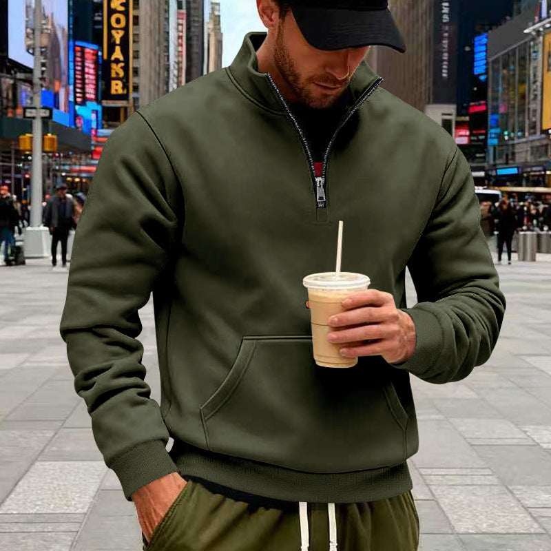 Herren nan Halbzip-Sweatshirt mit Kängurutasche, elastischen Rippbündchen und hohem Stehkragen Drune