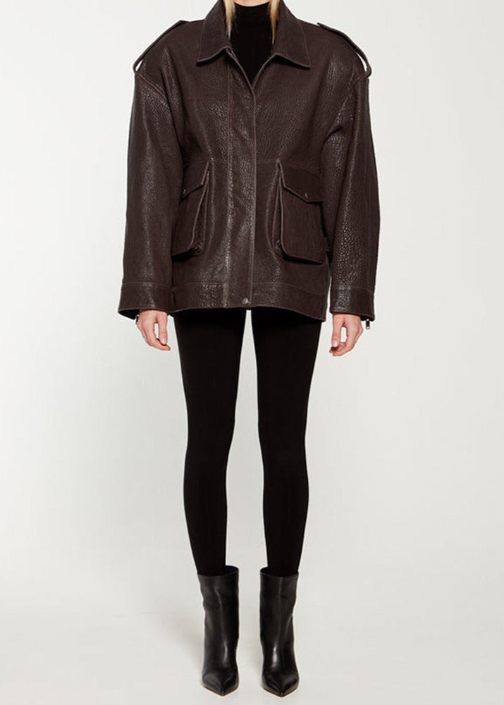 Drune | Edge - Dunkelbraune Lederjacke mit Utility-Taschen