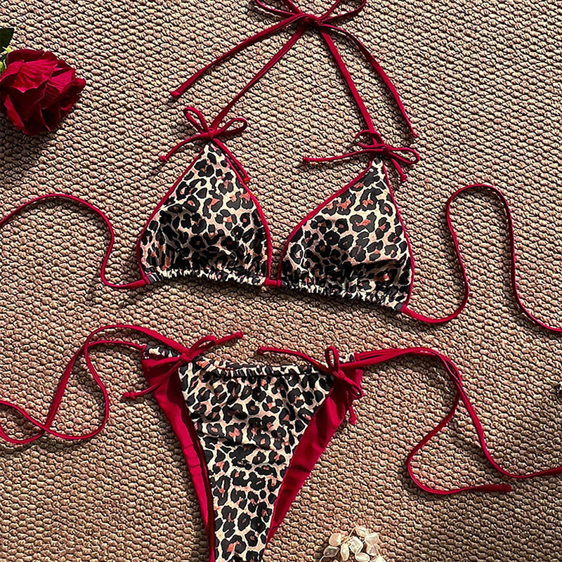 Damen Triangel-Bikini mit detailliertem Tropenmotiv und verstellbaren Bindebändern Drune