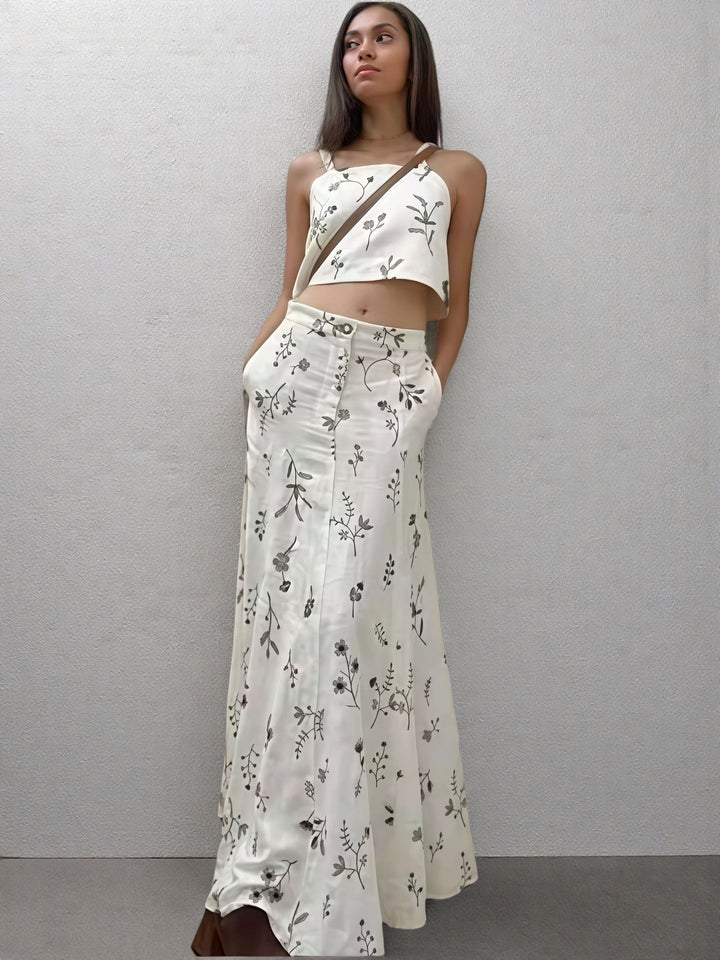 Damen Crop-Top und Maxirock Set mit floralem Muster Drune