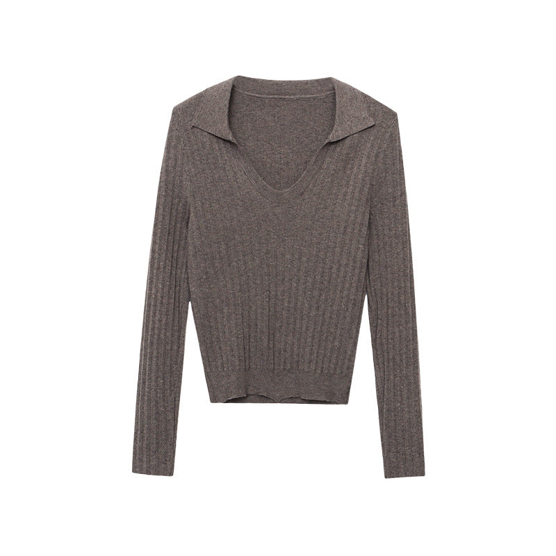 Damen längerer Rippstrickpullover mit V-Ausschnitt Drune