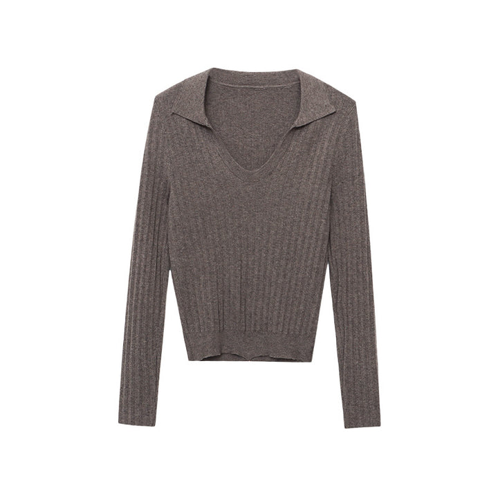 Damen längerer Rippstrickpullover mit V-Ausschnitt Drune