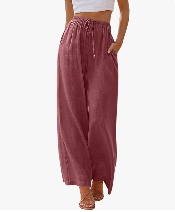 Damen nan weite Leinenhose mit elastischem Bund Kordel und Seitentaschen Drune
