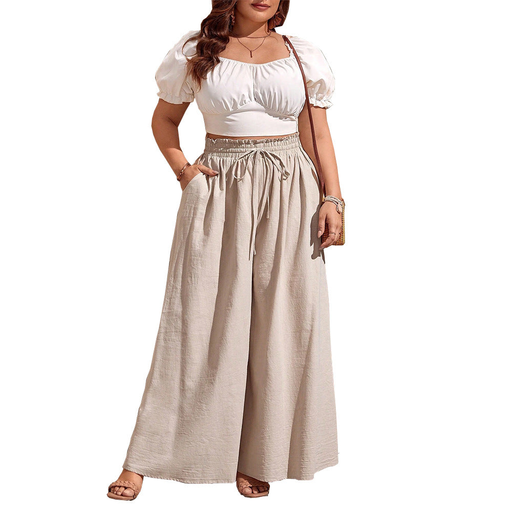 Damen weite Leinenhose mit elastischem Bund und seitlichen Taschen Drune
