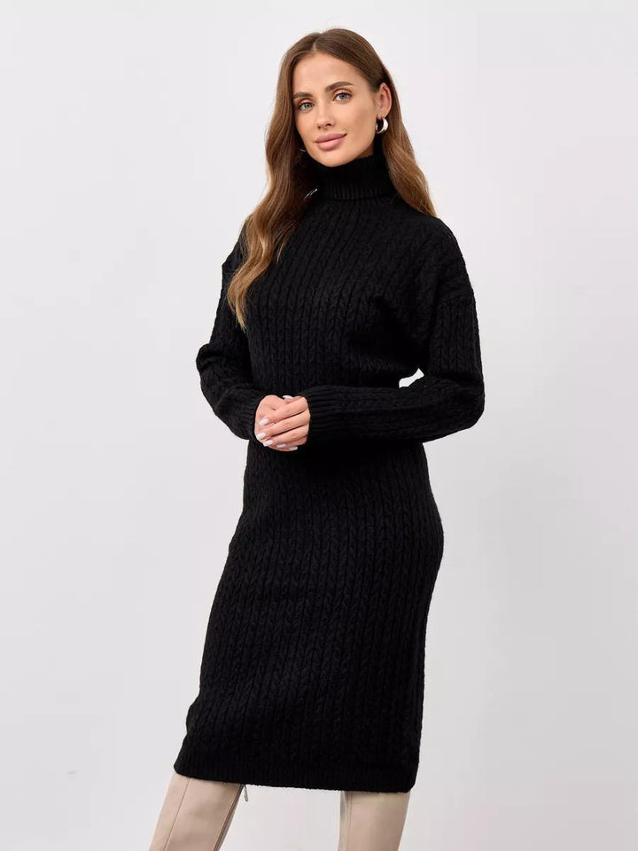 Damen Strickkleid mit hohem Kragen und Zopfmuster Drune