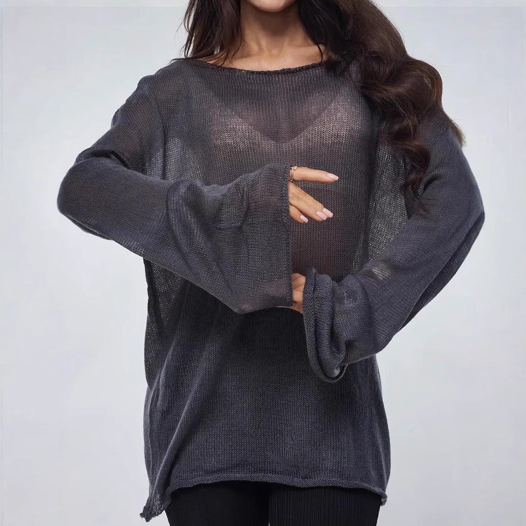 Damen luftiger Oversize-Strickpullover mit weitem Schnitt und transparentem Gewebe Drune