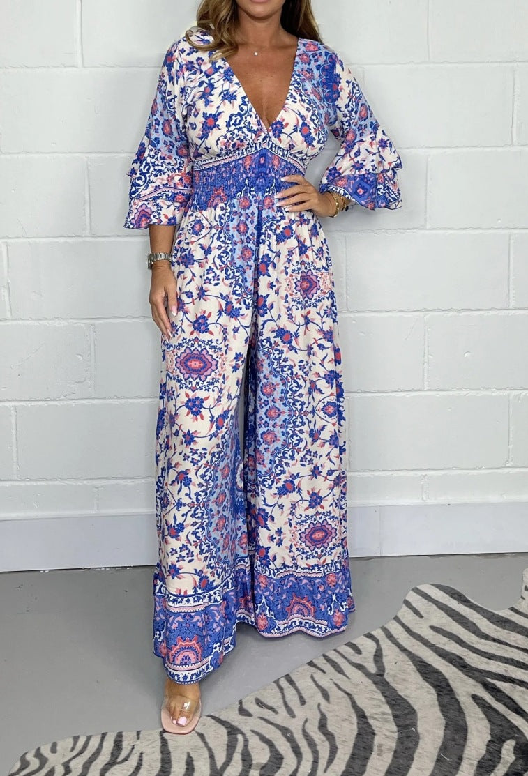 Damen Jumpsuit mit floralem Design und weit ausgestellten Ärmeln Drune