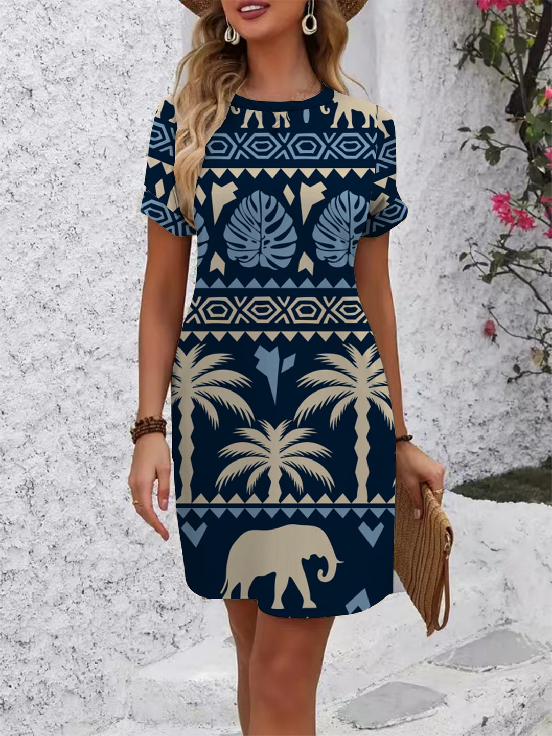 Damen lässiges Kurzarmkleid mit modernem Hahnentrittmuster und bequemer Passform Drune