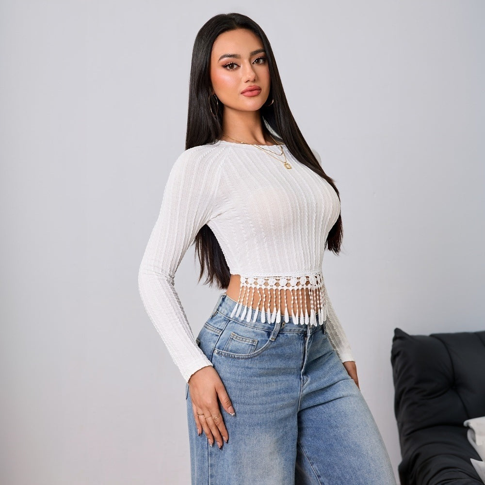 Damen Cropped Langarmshirt mit besonderen Fransen-Details Drune