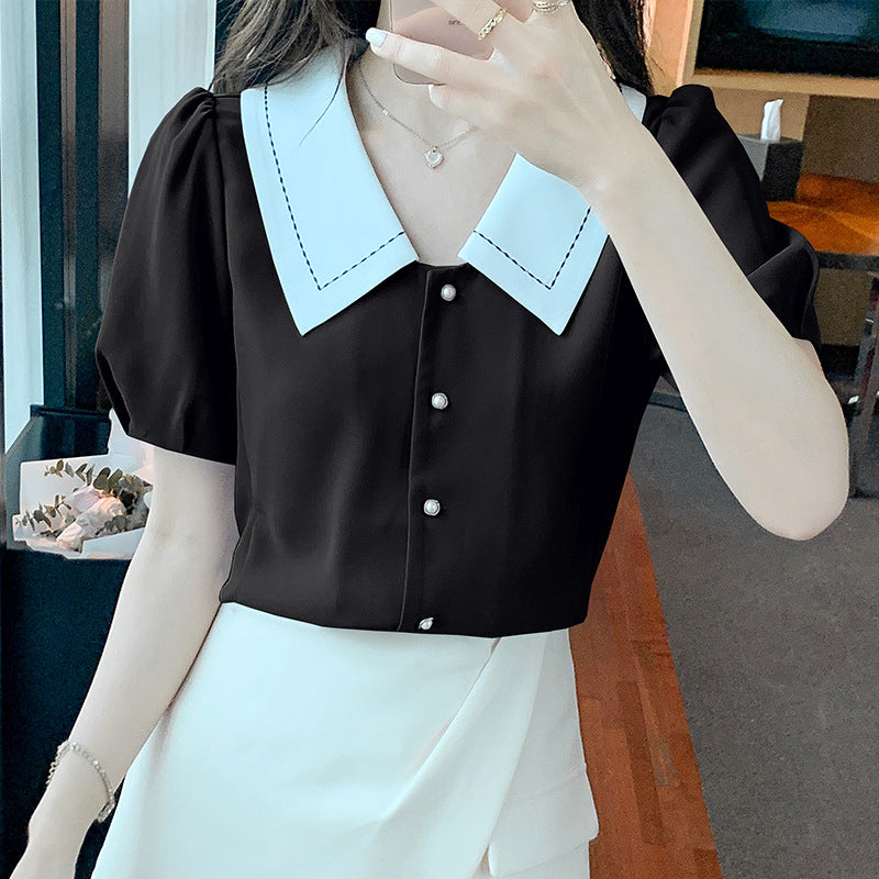 Damen elegante Bluse mit großem Kragen und Rüschendetails Drune