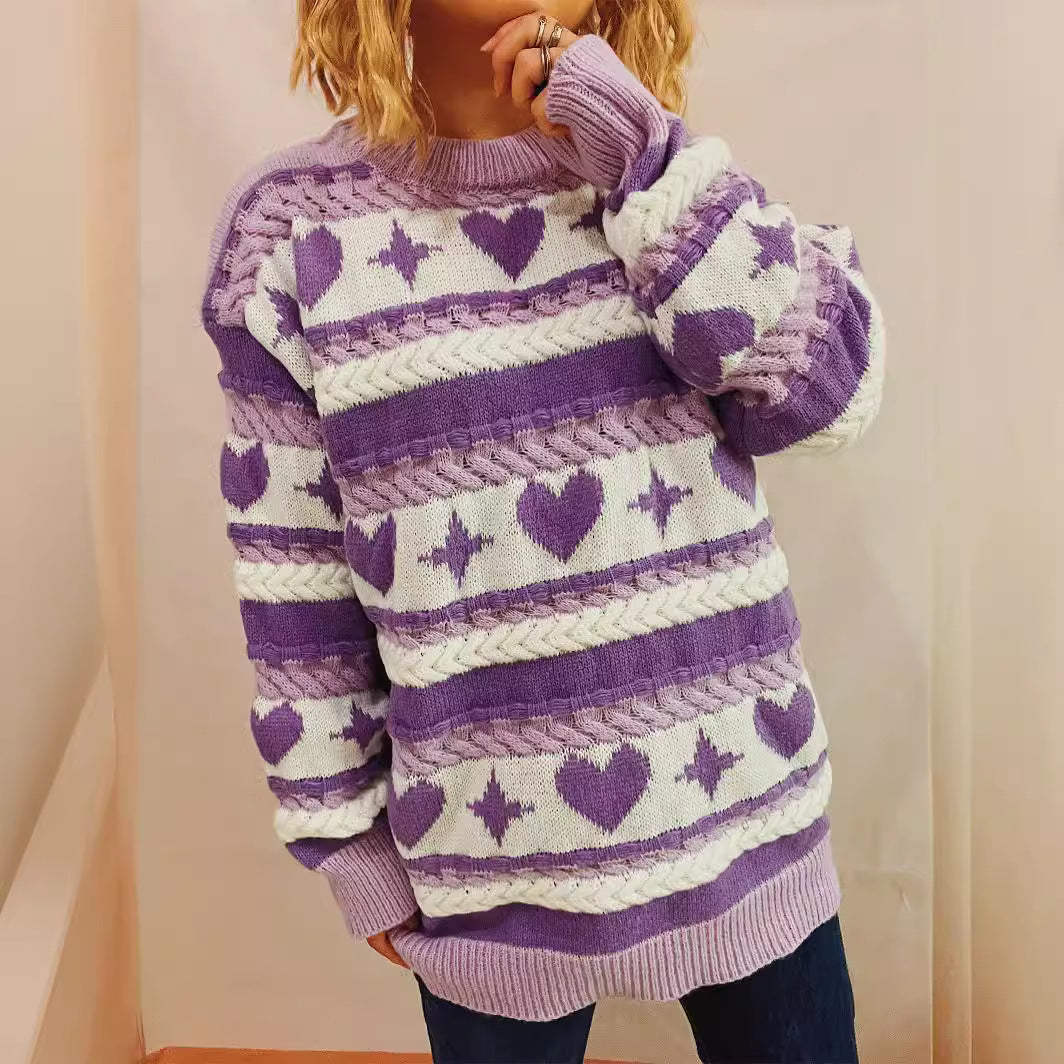 Damen Grob gestrickter Pullover mit herzförmigem Muster und breiten Streifen Drune