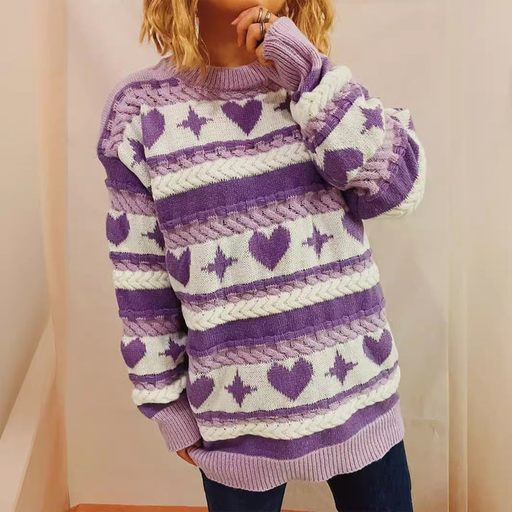 Damen Grob gestrickter Pullover mit herzförmigem Muster und breiten Streifen Drune