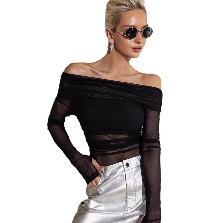 Damen Offshoulder Langarm-Top aus transparentem Netzmaterial Drune