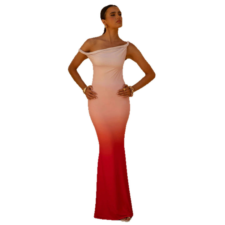 Damen Elegantes Maxikleid mit schulterfreiem Design und Raffung Drune