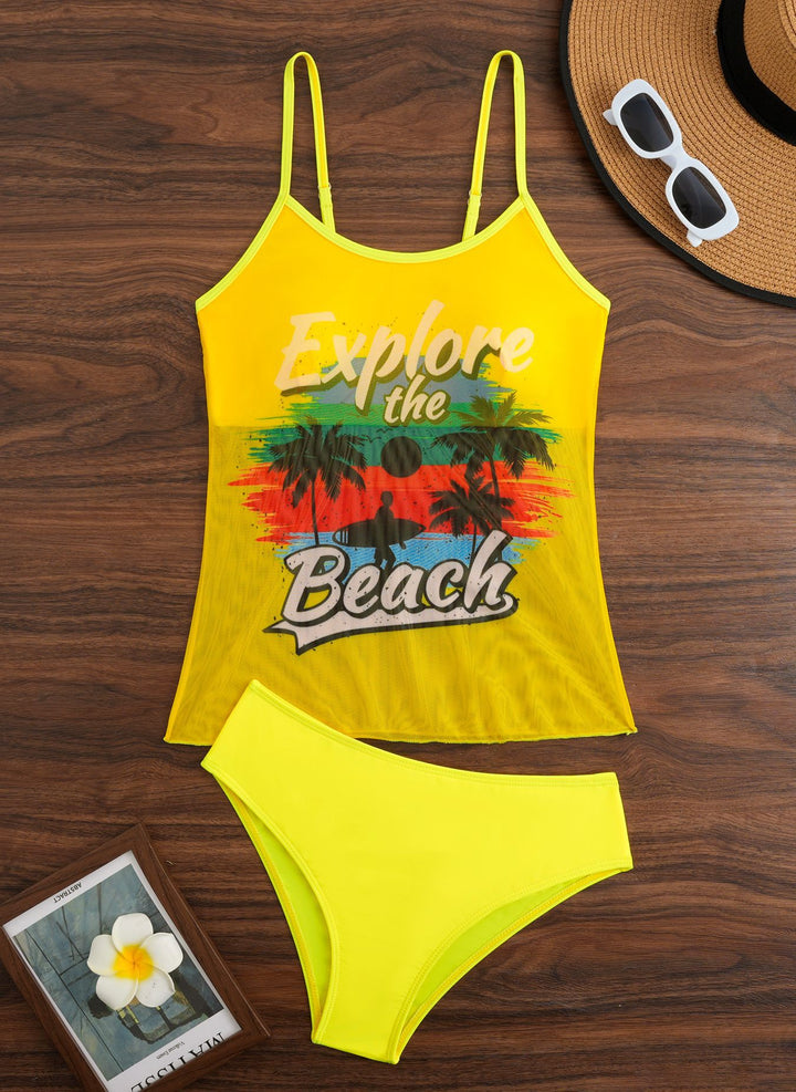 Damen Tankini-Set mit sportlichem Grafikdesign und hoch tailliertem Höschen Drune