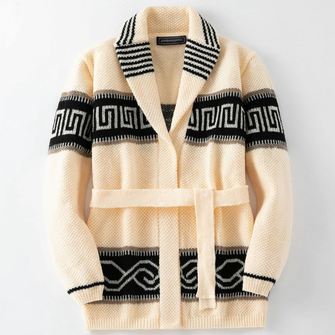 Damen Modische Strickjacke mit Gürtel und geometrischem Muster Drune