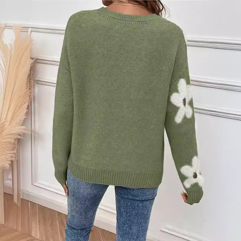 Damen Strickpullover mit floralem Design und modernem V-Ausschnitt Drune