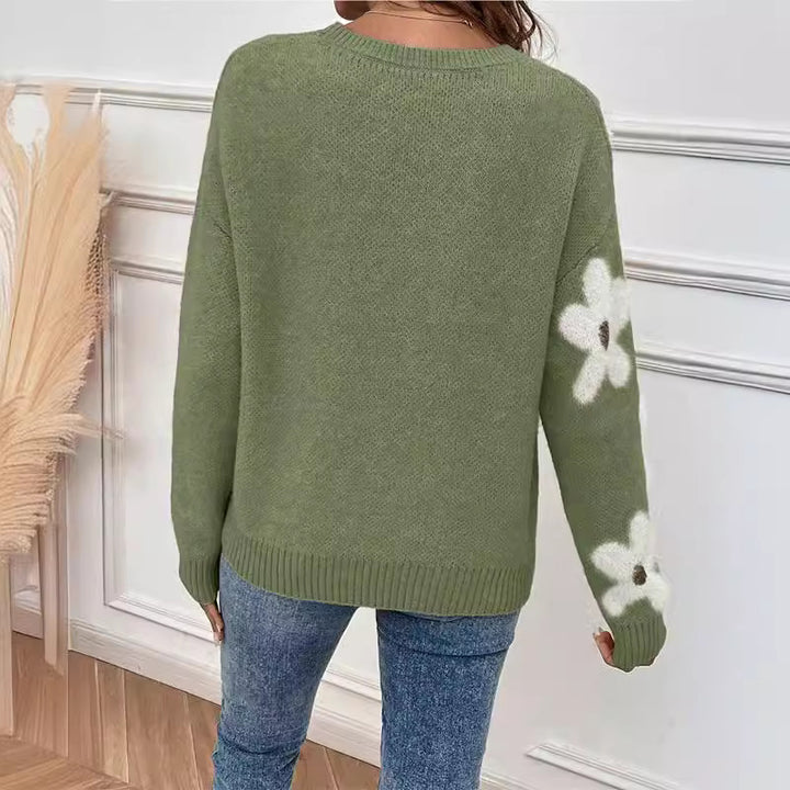 Damen Strickpullover mit floralem Design und modernem V-Ausschnitt Drune