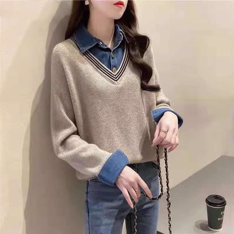 Damen lässiger Strickpullover mit schickem Hemdkragen Drune