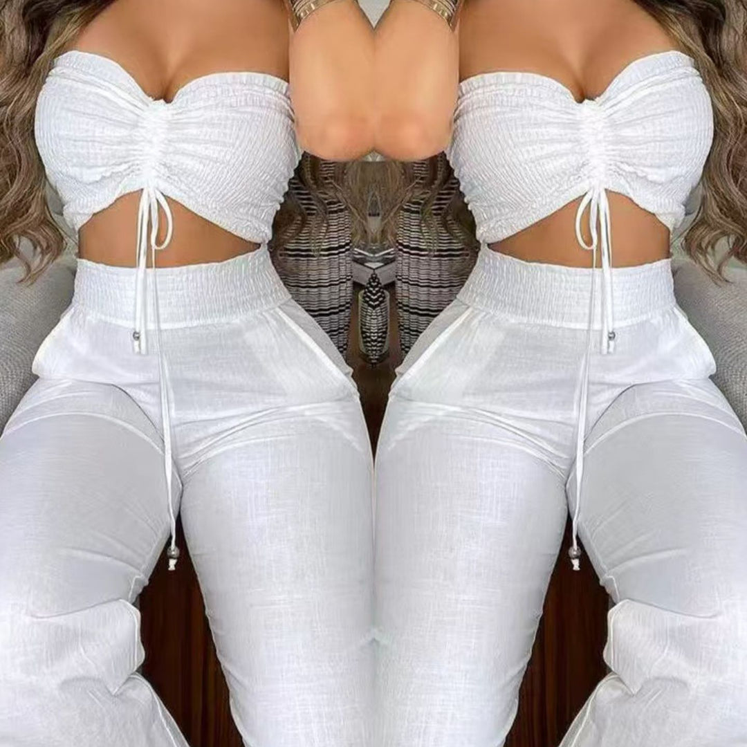 Damen Zweiteiliges Outfit aus leichtem Material mit verstellbarem Crop-Top und High-Waist-Hose Drune