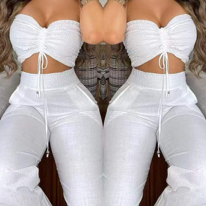 Damen Zweiteiliges Outfit aus leichtem Material mit verstellbarem Crop-Top und High-Waist-Hose Drune