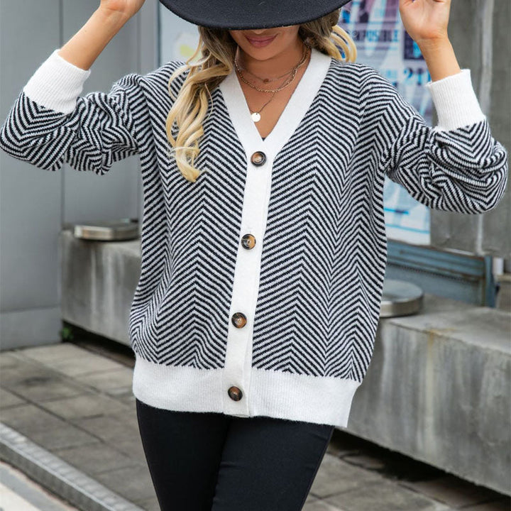 Drune | Gestreifte Klassische Strickjacke Für Damen