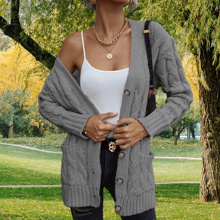 Damen grobstrickige Cardigan mit Taschen und modischem Zopfmuster Drune