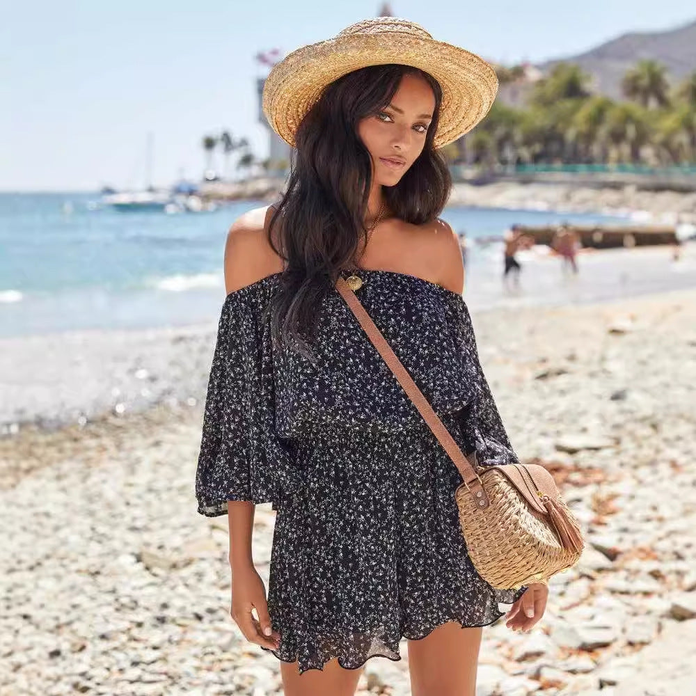 Damen Off-Shoulder Sommerkleid mit Rüschenärmeln und elastischem Bund Drune