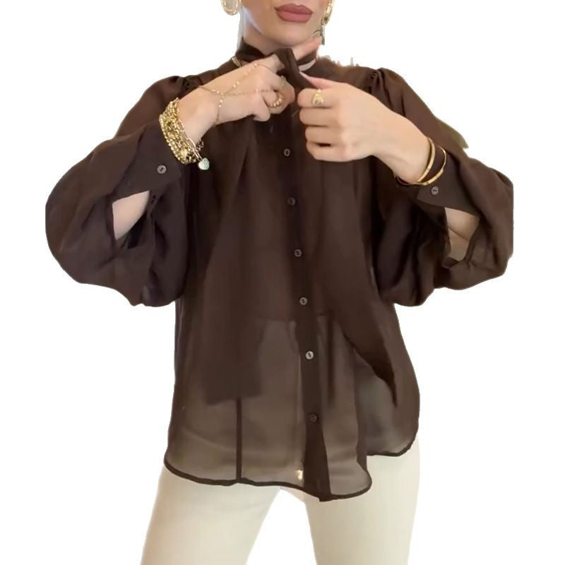 Damen transparente Bluse mit Schleifenkragen Drune