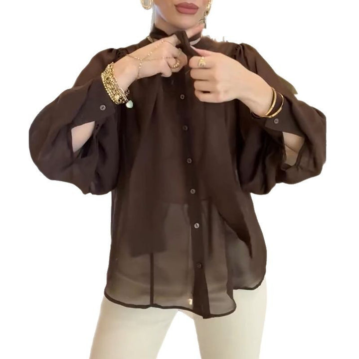 Damen transparente Bluse mit Schleifenkragen Drune