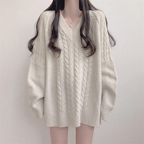 Damen Oversized Strickpullover mit Zopfmuster und V-Ausschnitt Drune
