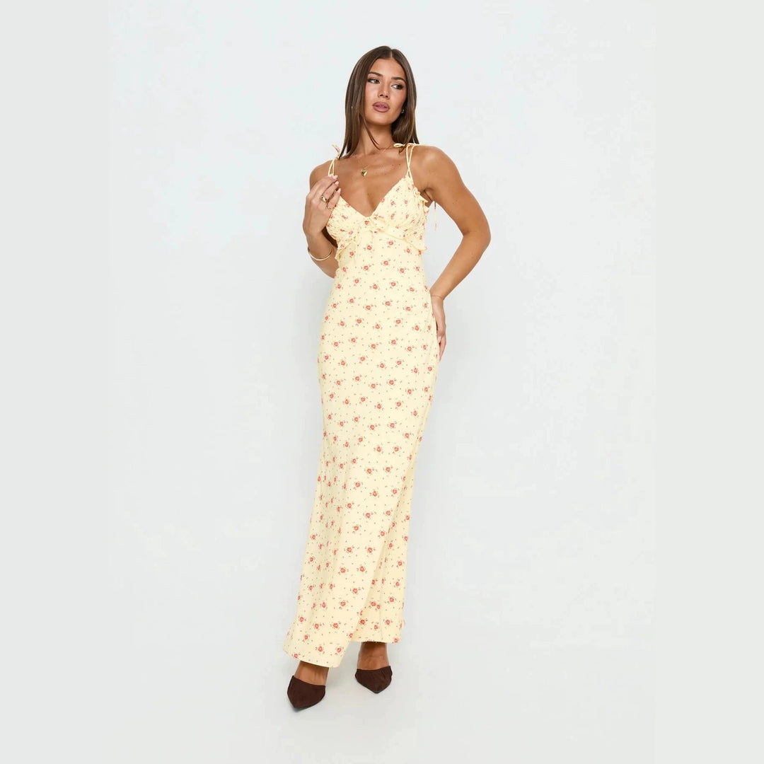 Damen Maxi-Kleid mit verspieltem Blumenmuster und verstellbaren Spaghetti-Trägern Drune