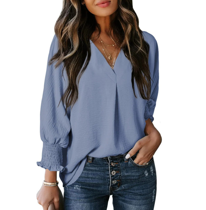 Damen V-Ausschnitt Bluse mit elastischen Ärmelbünden Drune