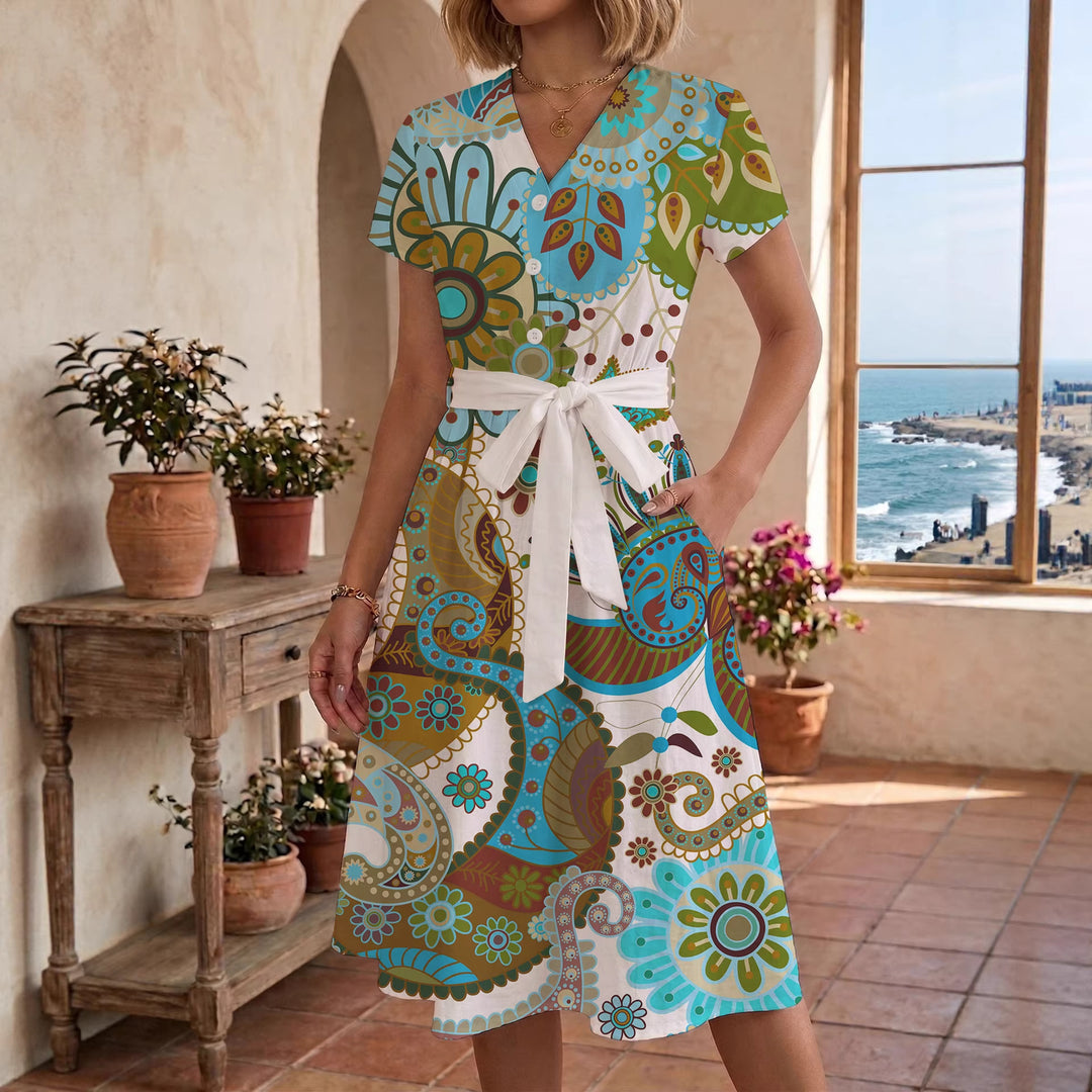 Damen Midikleid mit floralem Motiv und Taillengürtel Drune