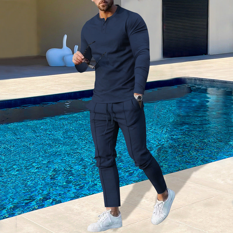 Herren nan athletisches Henley-Langarmshirt und schmal zulaufende Jogginghose mit Ziernähten Drune