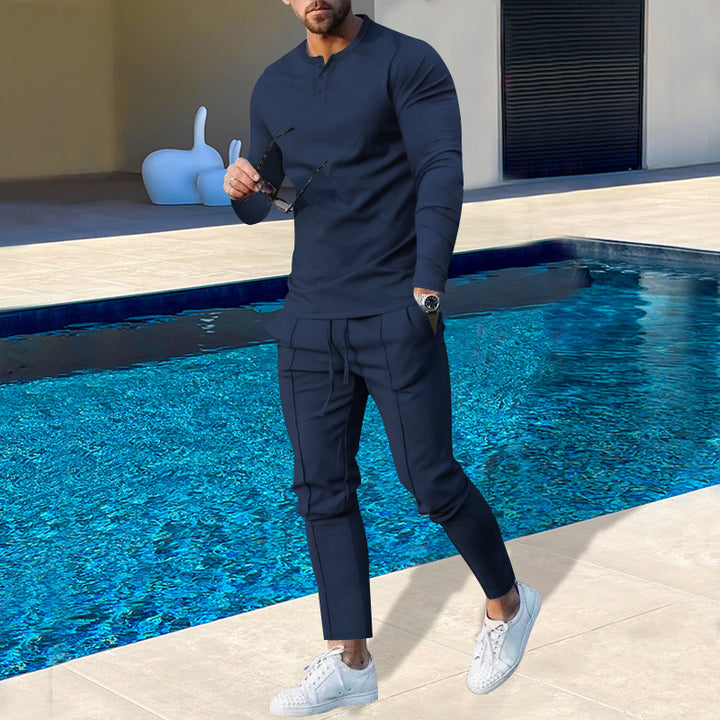 Herren nan athletisches Henley-Langarmshirt und schmal zulaufende Jogginghose mit Ziernähten Drune