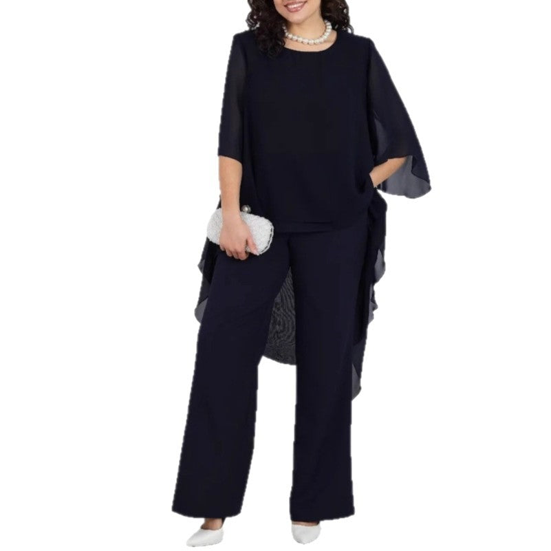 Damen Schicke Tunika mit Transparenter Überlagerung und Eleganten Pants Drune
