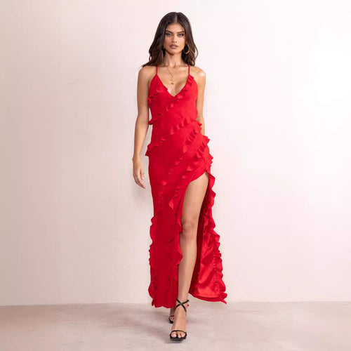 Damen Maxikleid mit voluminösen Rüschendetails und elegantem Beinschlitz Drune