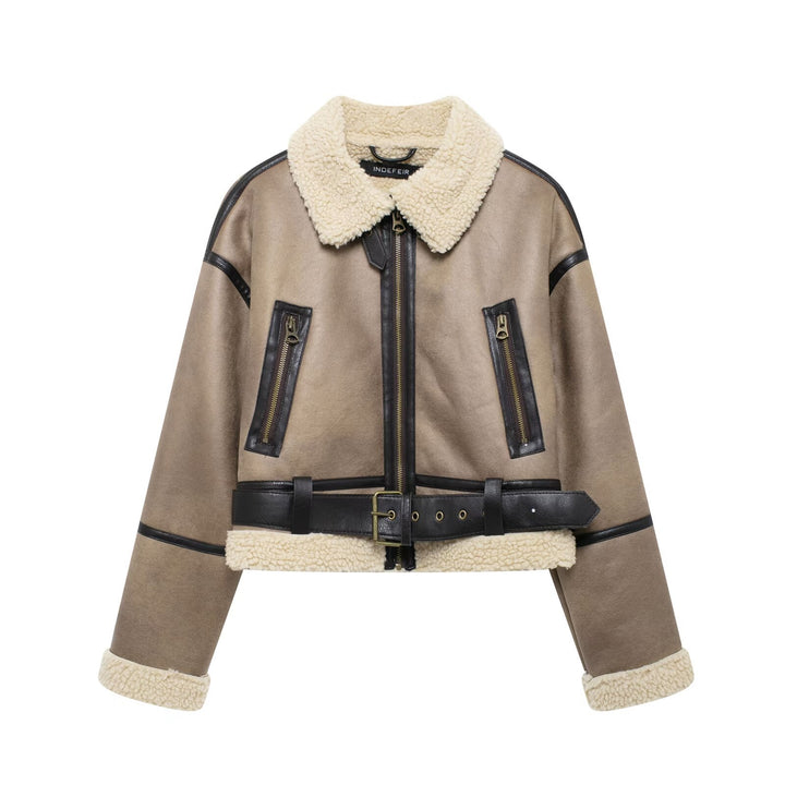 Damen Modische Übergangsjacke aus hochwertigem Kunstleder mit Teddyfell-Kragen und praktischen Taschen Drune