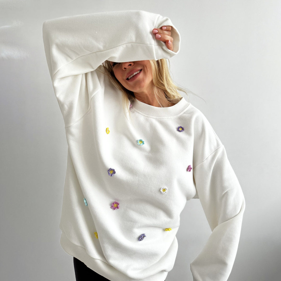 Damen bequemer Sweatshirt mit farbenfrohen Blumenapplikationen Drune