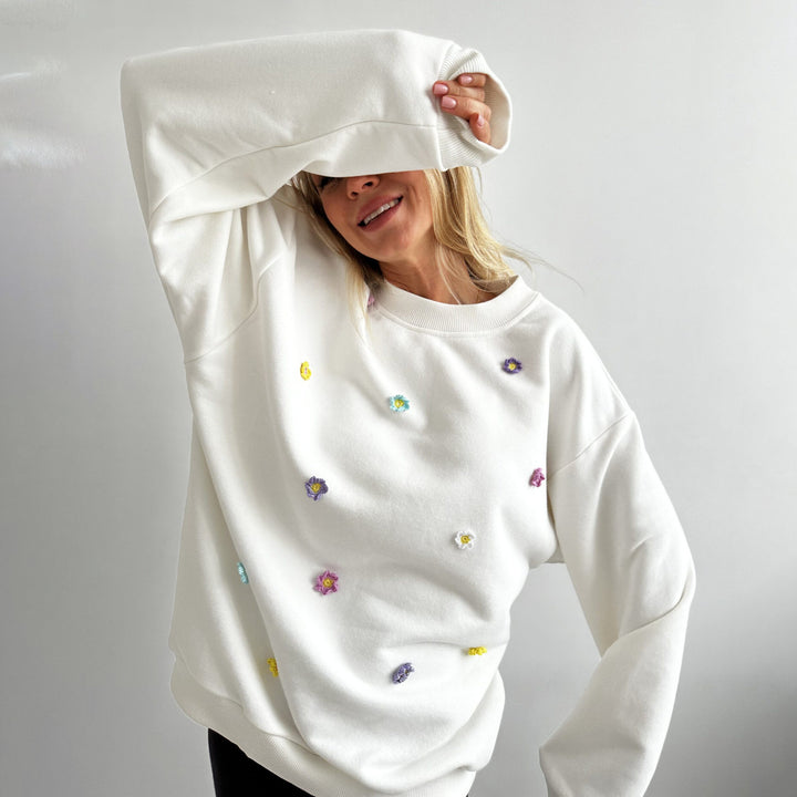 Damen bequemer Sweatshirt mit farbenfrohen Blumenapplikationen Drune