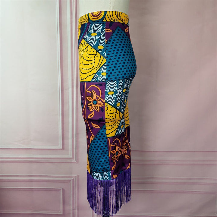Damen eleganter Rock mit Fransen und außergewöhnlichem Print Drune