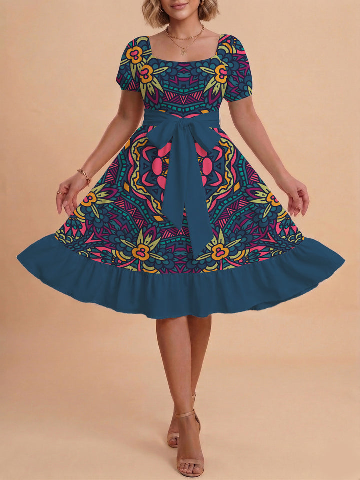 Damen A-Linien-Kleid mit floralen Motiven und taillierbarem Gürtel Drune