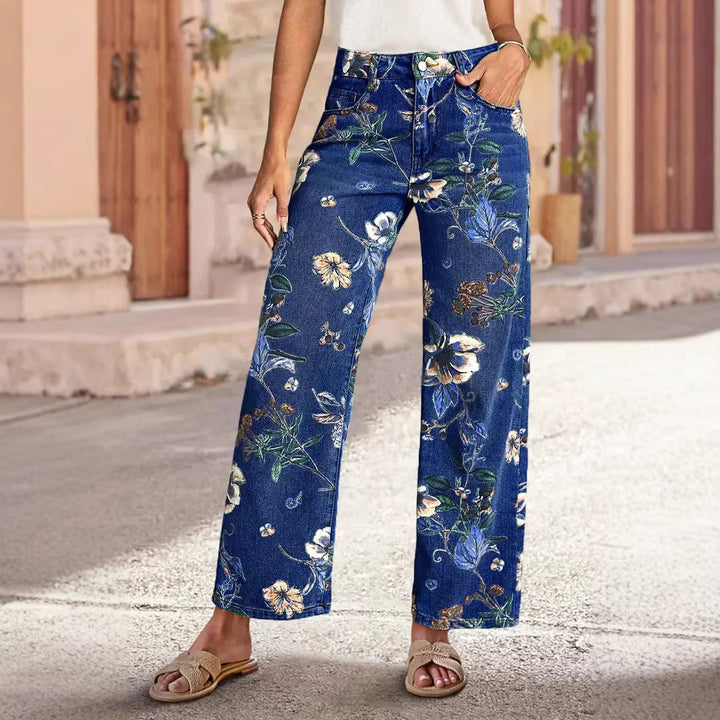 Damen Weit geschnittene Jeans mit floralem Druck und hohem Bund Drune
